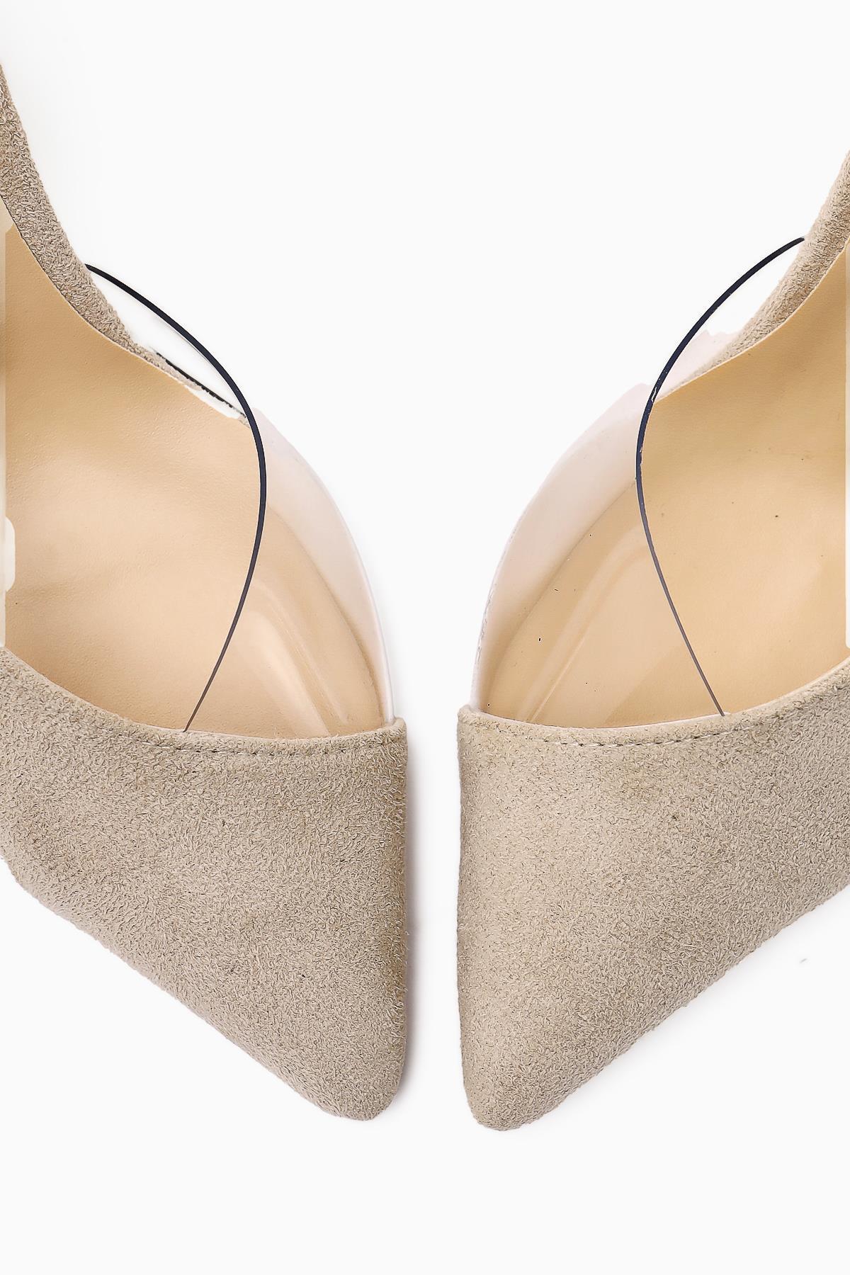 Aliah Beige Suede Pointed Toe Pumps with Transparent Detail