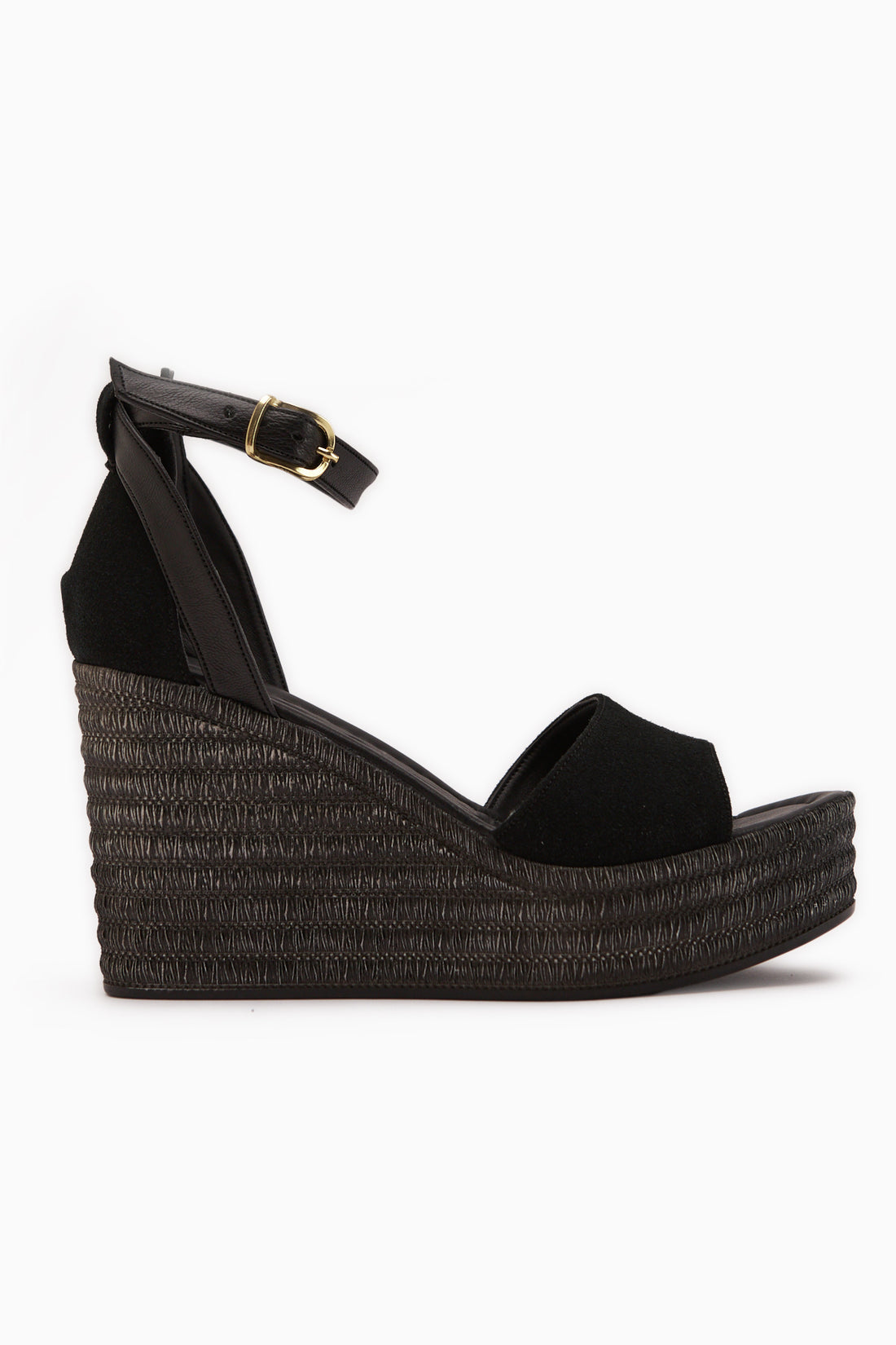 Moni Black Suede Wedge Ankle Strap Women’s Sandal