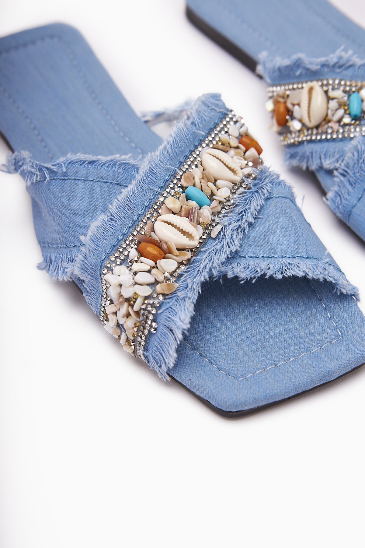 Felisa Blue Stone and Sea Shell Embellished Bohemian Women's Slippers