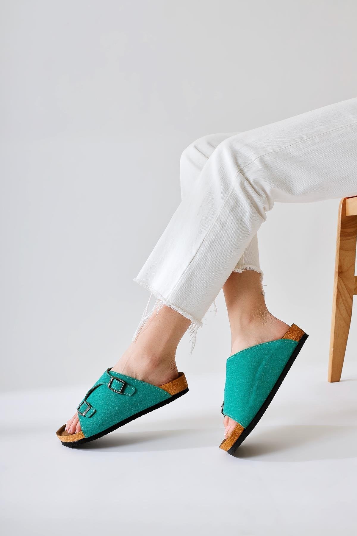 Christella Green Suede Slide with Double Buckle Detail