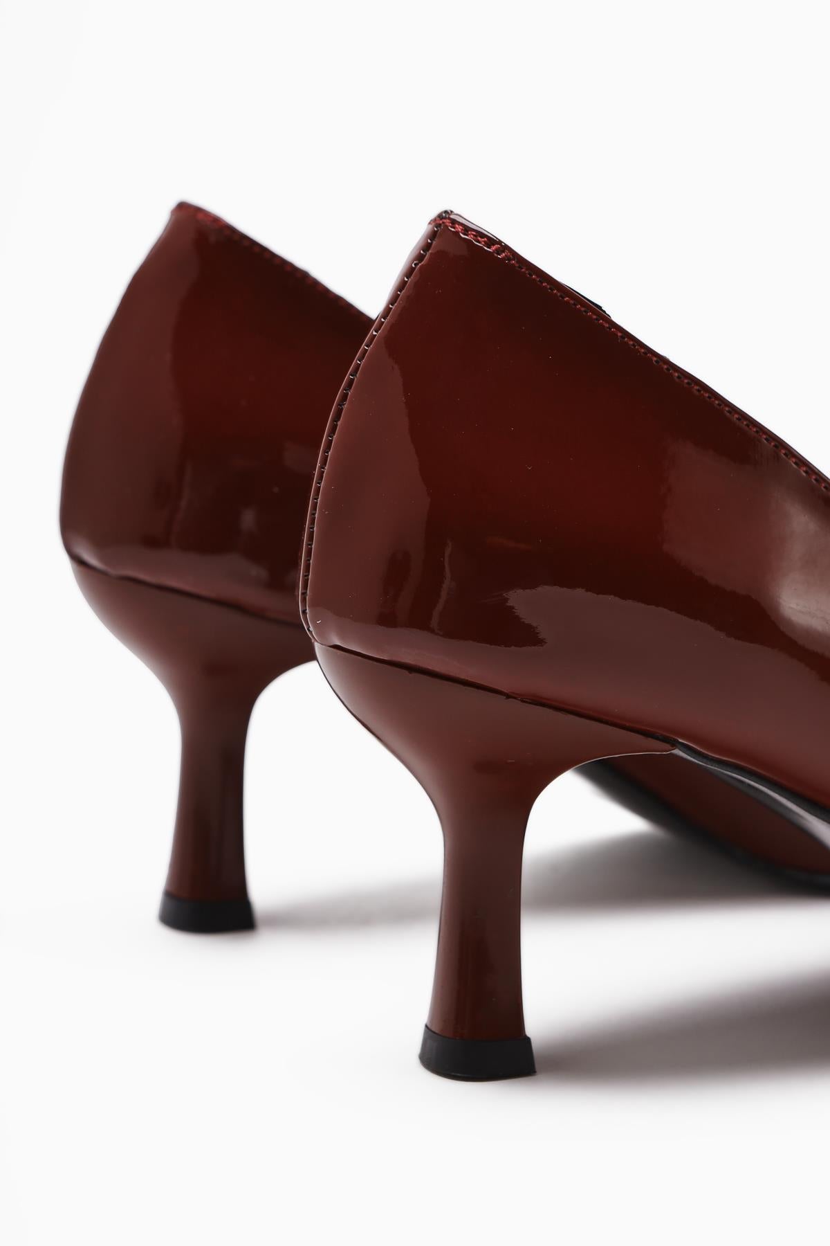 Carla Burgundy Patent Pointed Toe Buckle Detailed Women’s Heeled Shoes