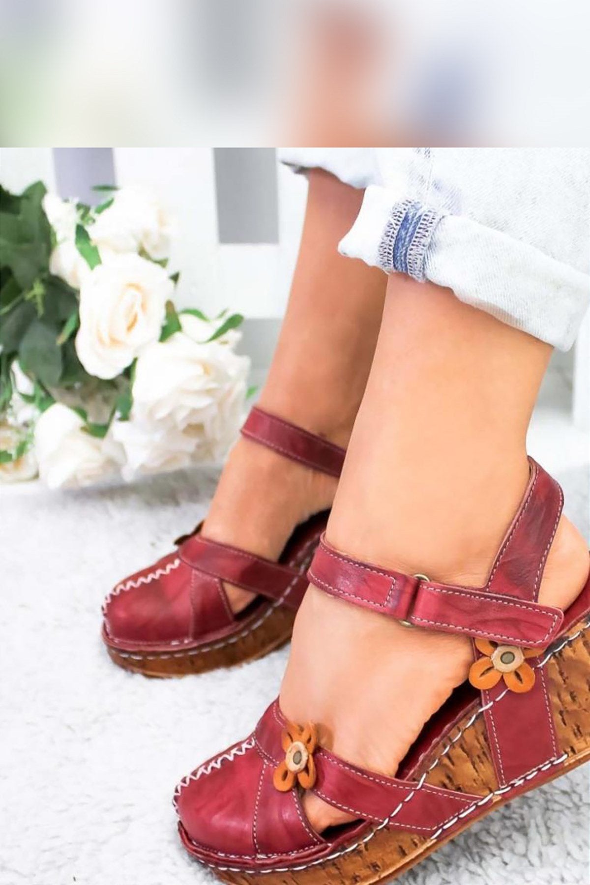 Katlyn Genuine Leather Burgundy Sandals with Floral Detail and Chunky Heel