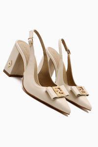 Yupin Beige Metal Detailed Closed Toe Women’s Heeled Shoes