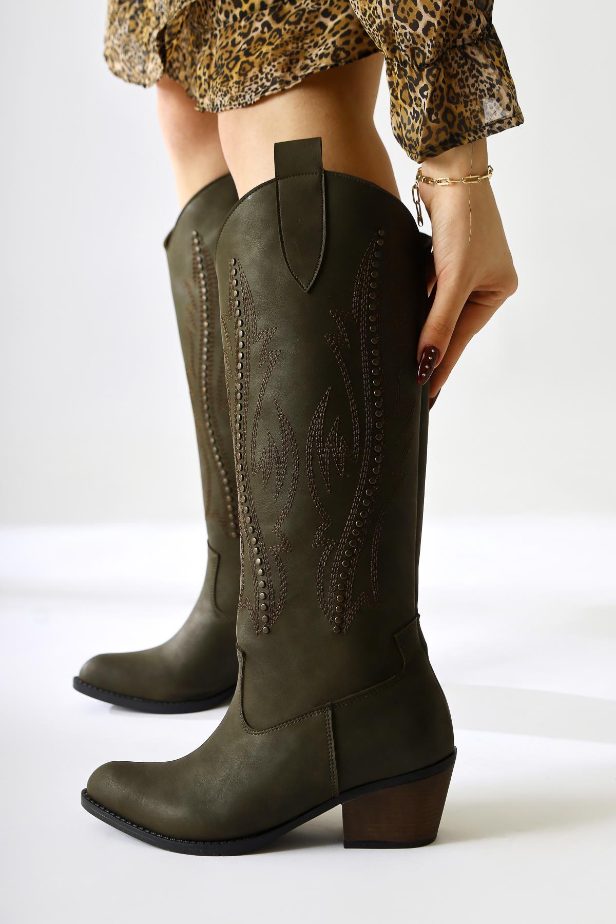 Fizaro Khaki Pointed Toe Embroidered Studded Western Boot