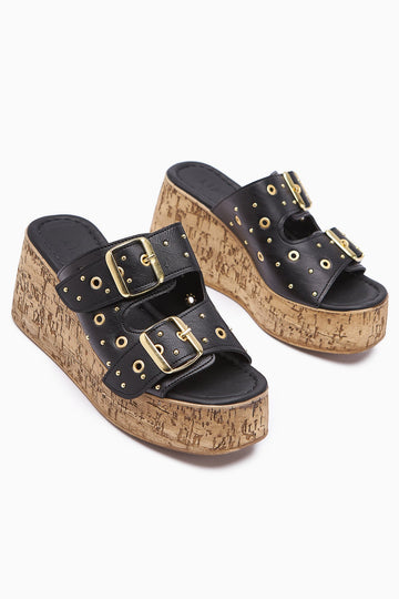 Genja Black Chunky Heel Women's Slides with Straps