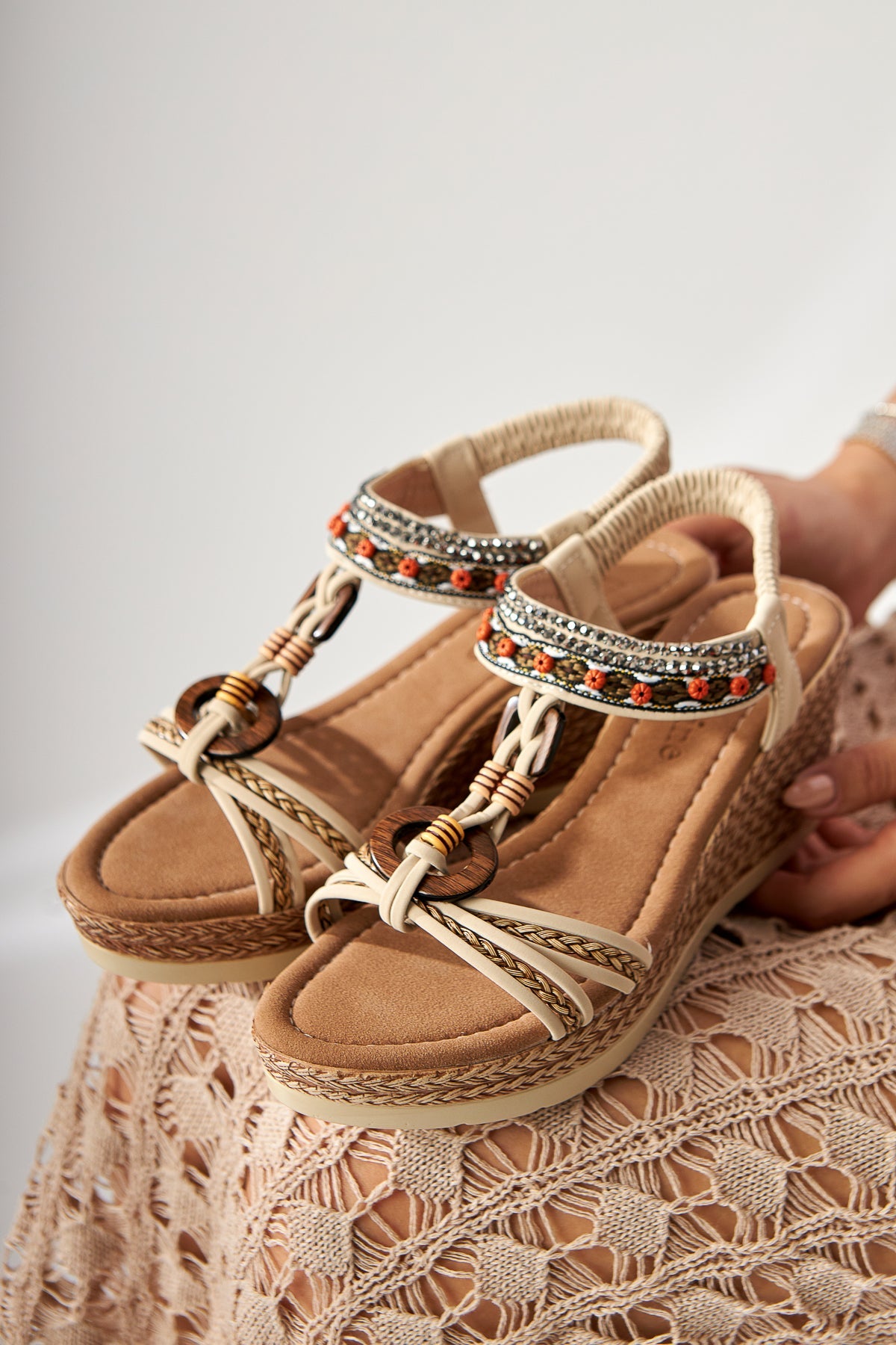 Jona Beige Buckled Elastic-Back Wedge Women's Sandal