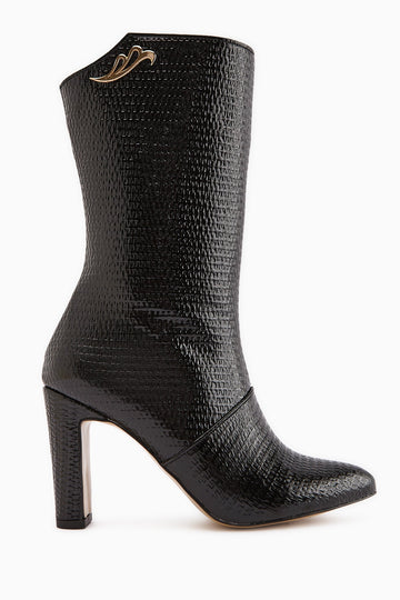 Aria – Black Croc-Embossed Heeled Knee-High Boot (Women)