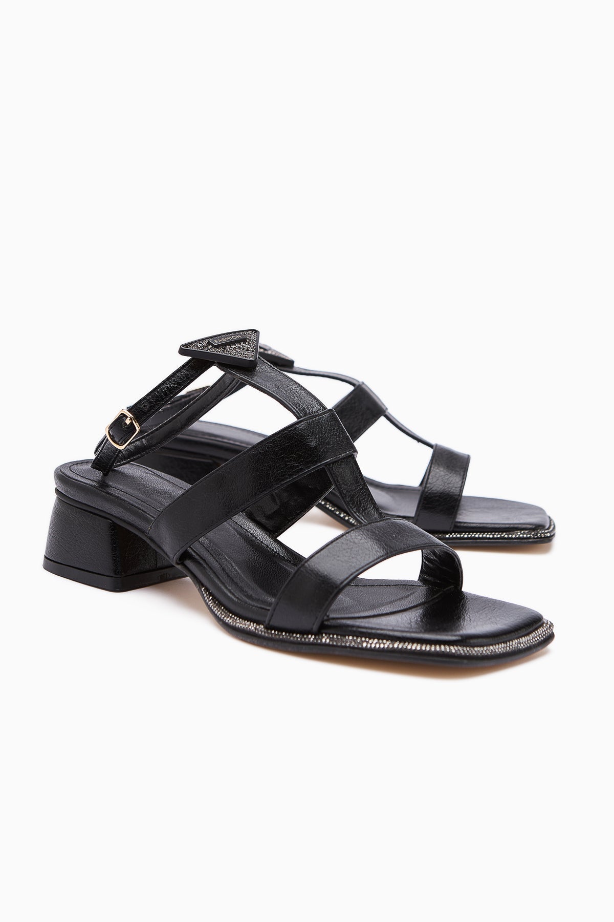 Shara Black Stone Detail Low-Heeled Women's Sandal
