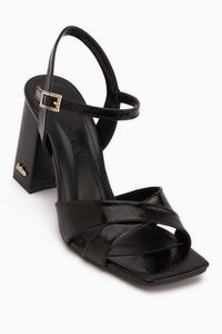 Lean Black Cross Strap Thick Heeled Women’s Sandal