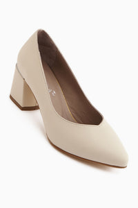 Genuine Leather Beige Thick Heeled Women’s Shoes