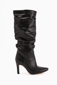 Rimaz Black Pleated Long Pointed Heeled Boots