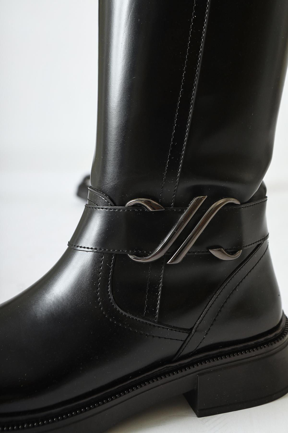 Birgita Black Patent Zip-Up Boots with Buckle Detail