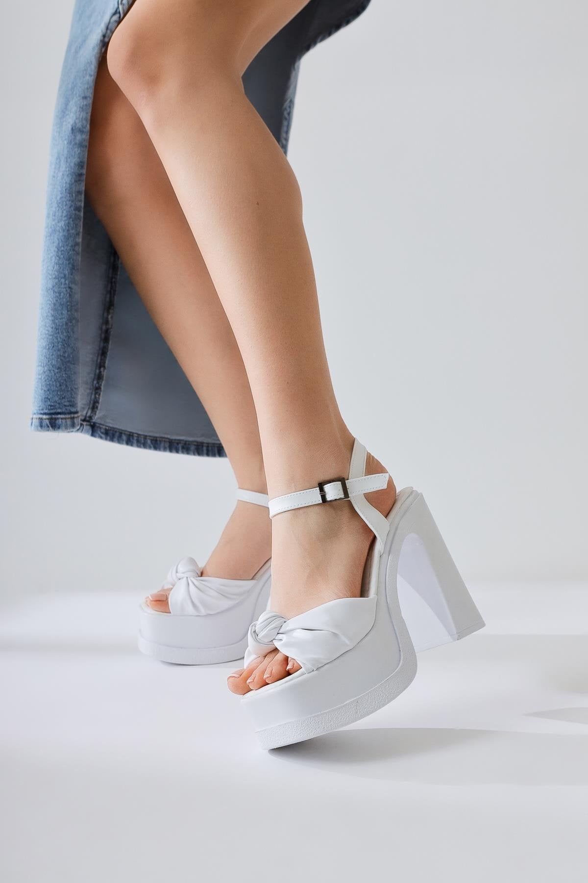 Yoanna White Knotted Strap High-Platform Sandal