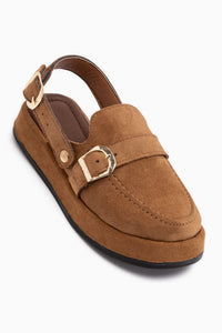 Gity Tan Suede Double Buckle Women’s Slingback Loafer Shoes