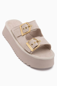 Jenet Beige Suede Double Strap Women’s Slippers