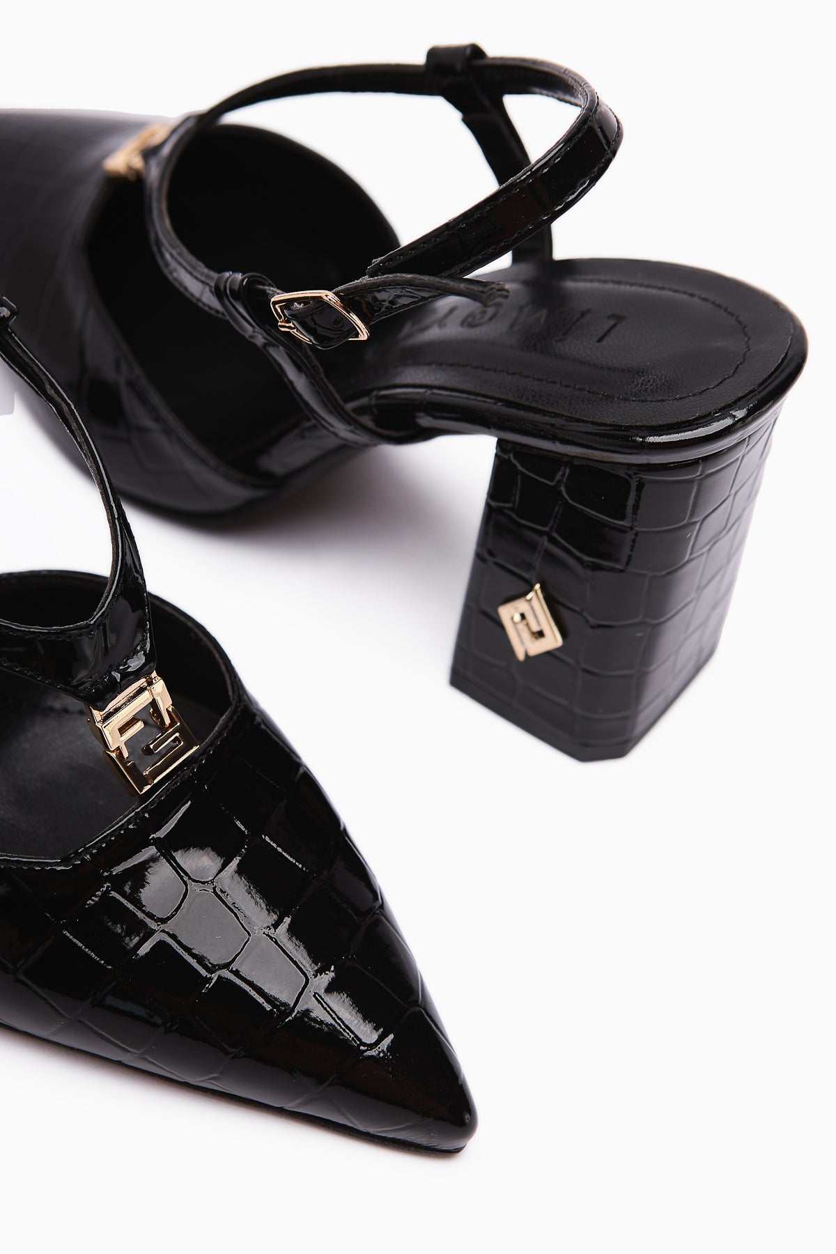 Celina Black Crocodile Patterned Pointed Toe Women’s Heeled Shoes