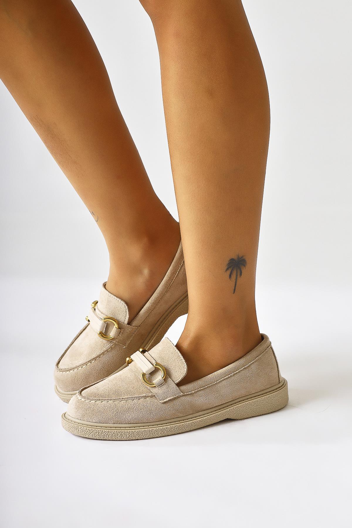 Jamnian Beige Suede Buckle Detail Casual Shoes