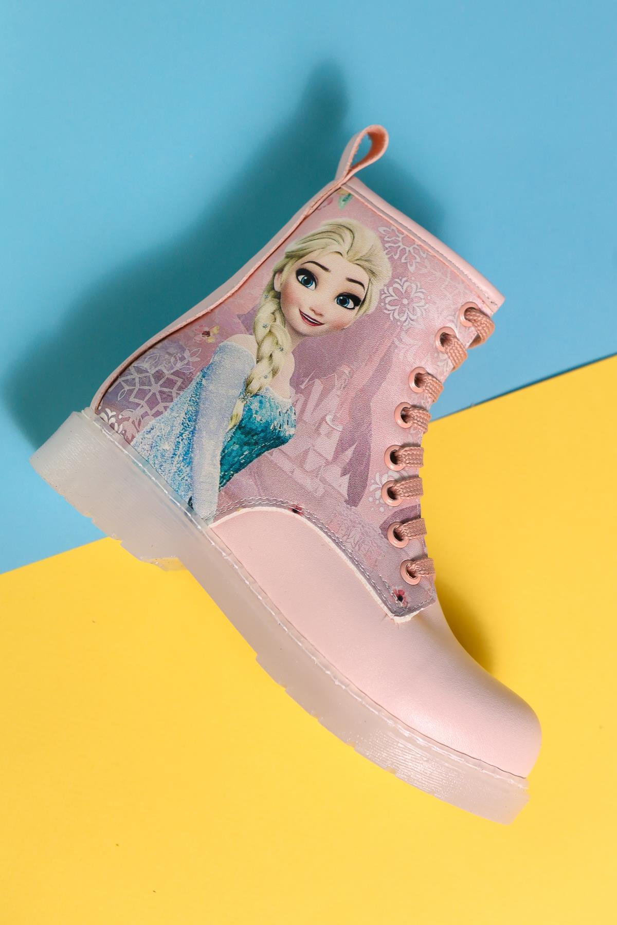 Evalisa Powder Pink Striped Character Print Lace-Up Kids' Boots