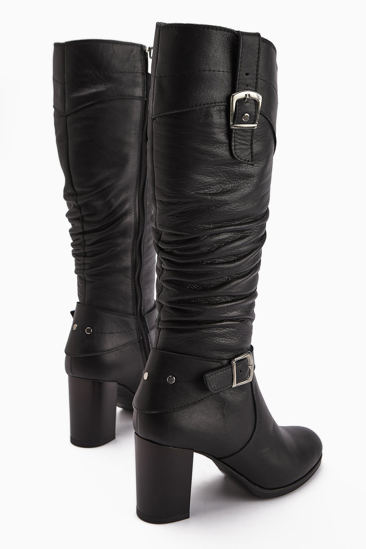 Ting Genuine Leather – Black Buckle-Detail Heeled Knee-High Boot (Women)