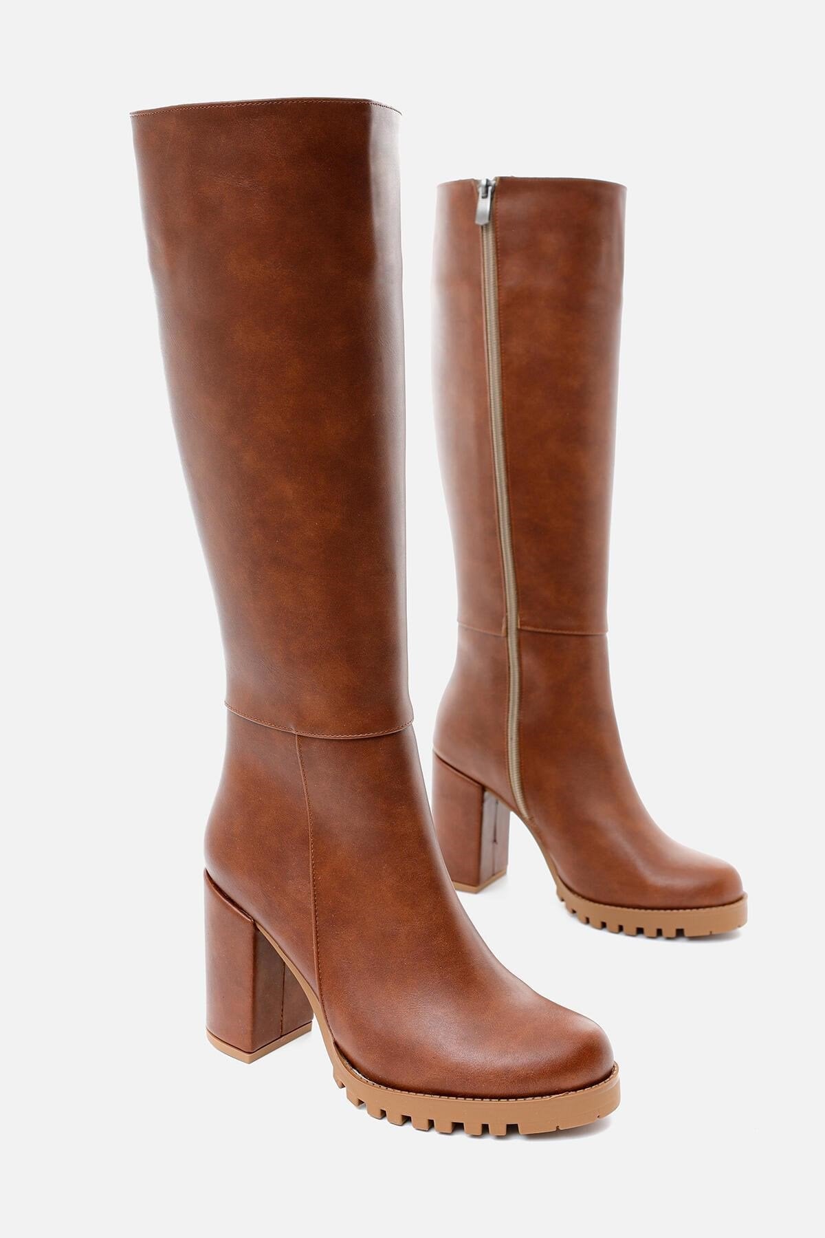 Elias – Cognac Zippered Platform Block Heel Knee-High Boot (Women)