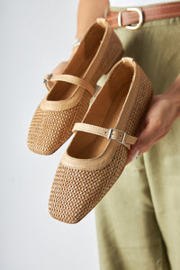 Remza Women's Ballet Flat with Buckle, Comfortable Daily Shoe, Straw Woven Texture