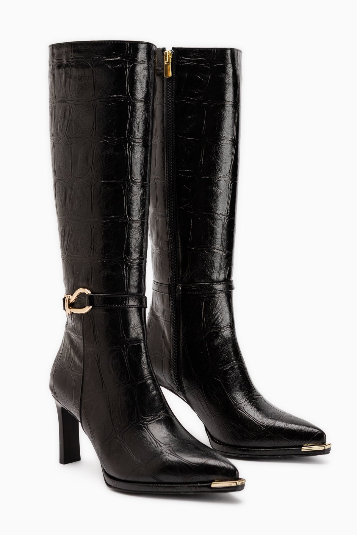 Lovis Black Crocodile Pattern Buckle Detailed Women’s Boots