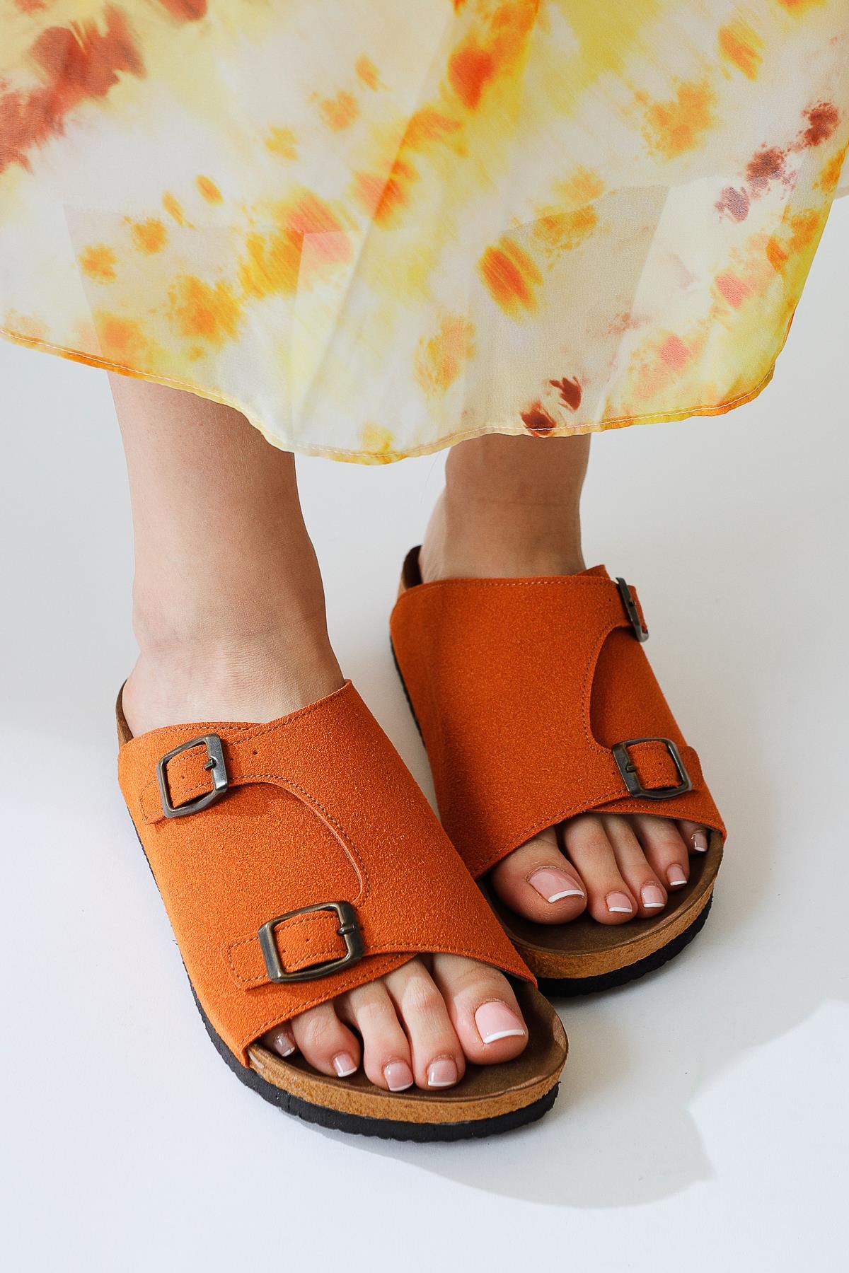 Christella Orange Suede Slippers with Double Buckle Details