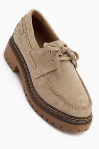 Matina Genuine Leather Beige Suede Lace-Up Thick Sole Women’s Loafer Shoes
