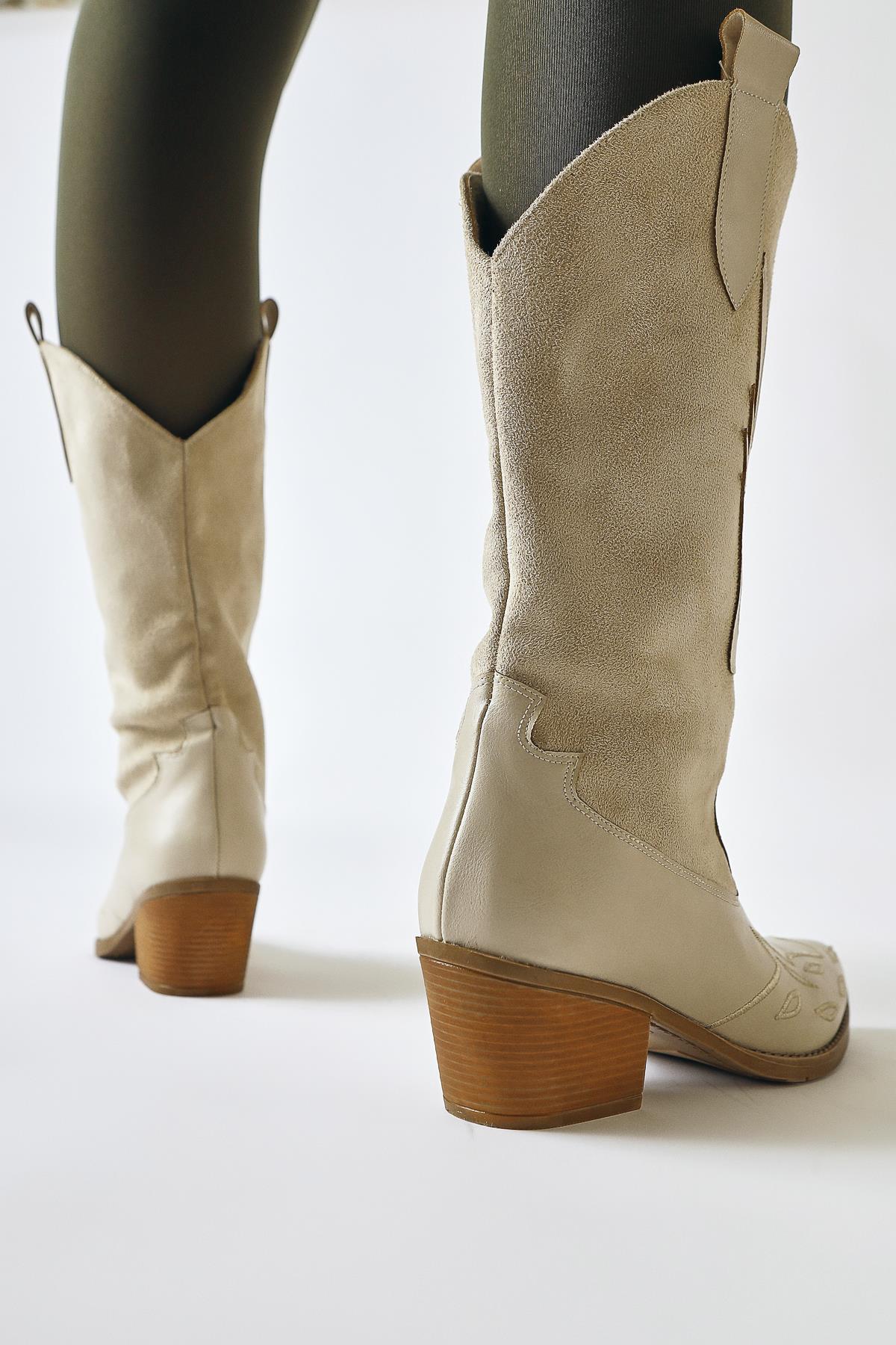 Maily – Beige Suede-Detail Embroidered Pointed-Toe Western Boot (Women)