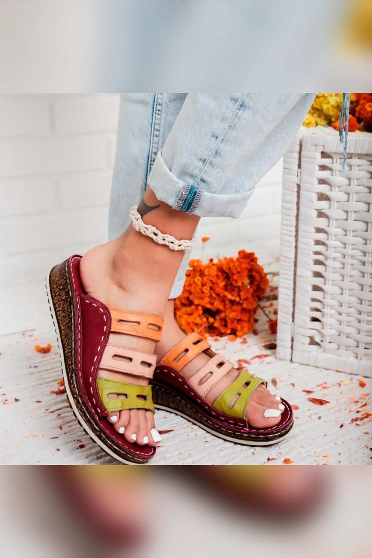 Joelle – Genuine Leather Burgundy Green Blush Orange Laser-Cut Slide