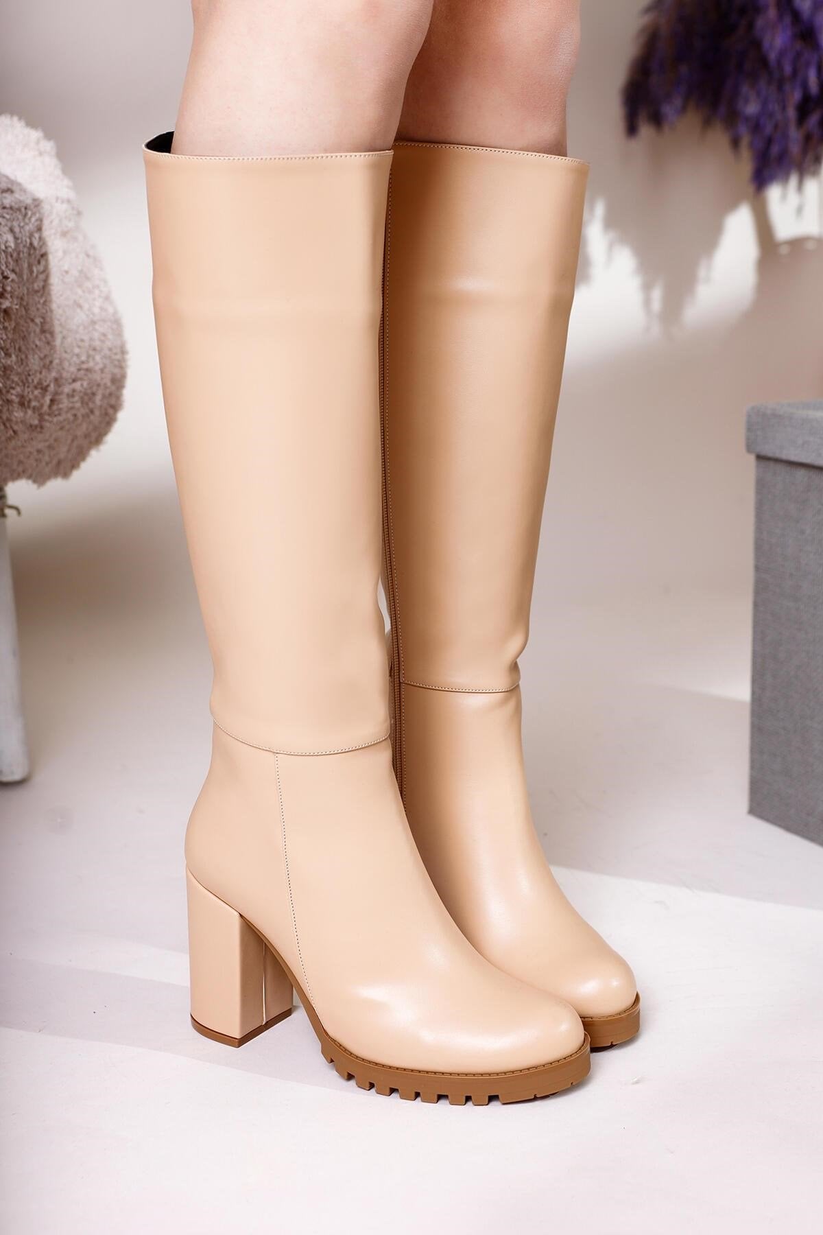 Elias – Beige Zippered Platform Block-Heel Knee-High Boot (Women)