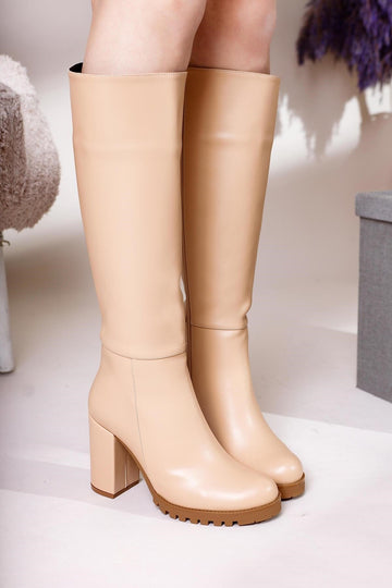 Elias – Beige Zippered Platform Block-Heel Knee-High Boot (Women)