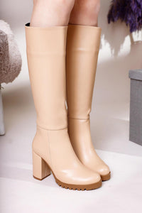 Elias – Beige Zippered Platform Block-Heel Knee-High Boot (Women)