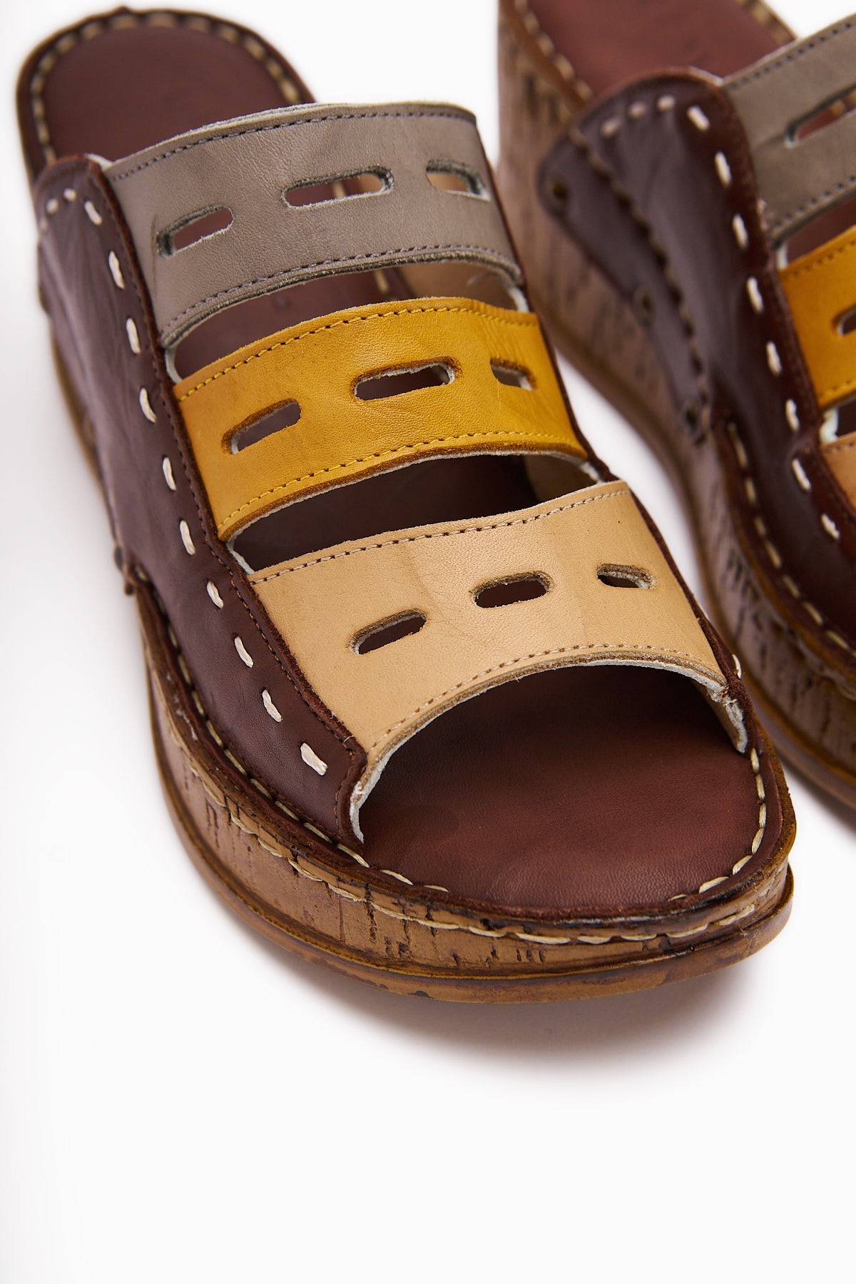 Etta Genuine Leather Coffee Navy Mustard Laser Cut Slippers (Full Orthopedic Slippers)