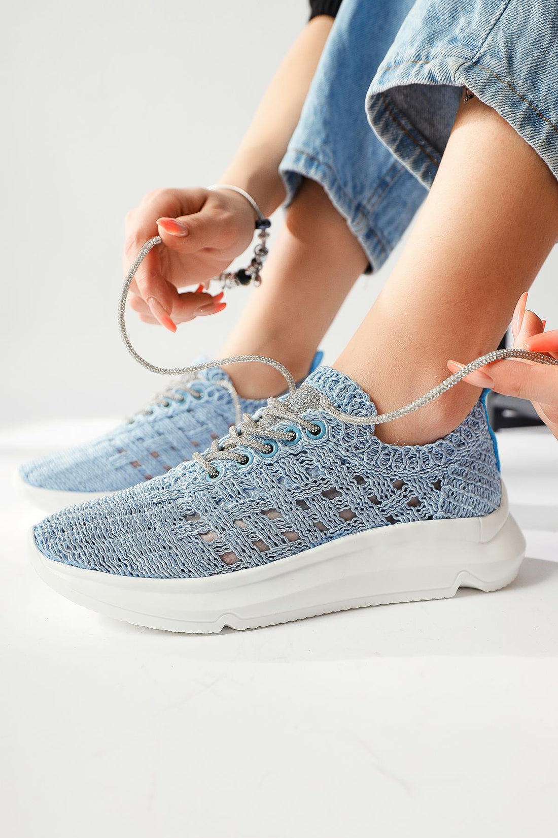 Melisia Blue Stone-Detailed Knit Sneakers