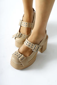 Marise – Genuine Leather Nude Oval-Toe Platform Double-Strap Accessory-Detail Casual Shoe (Women)