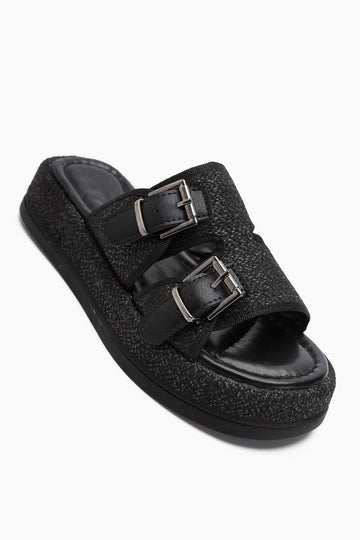 Madina – Black Double-Strap Belted Slide (Women)