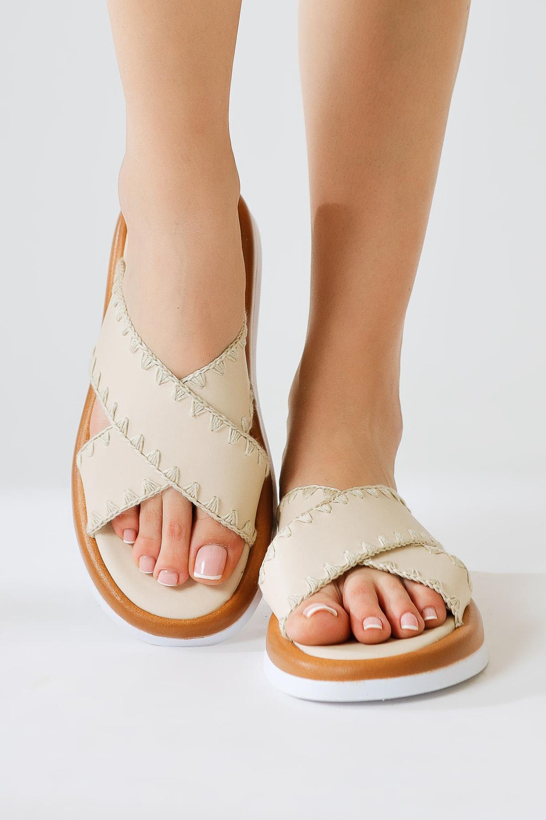 Rosalyn Beige Cross-Strap Embroidered Detail Slipper