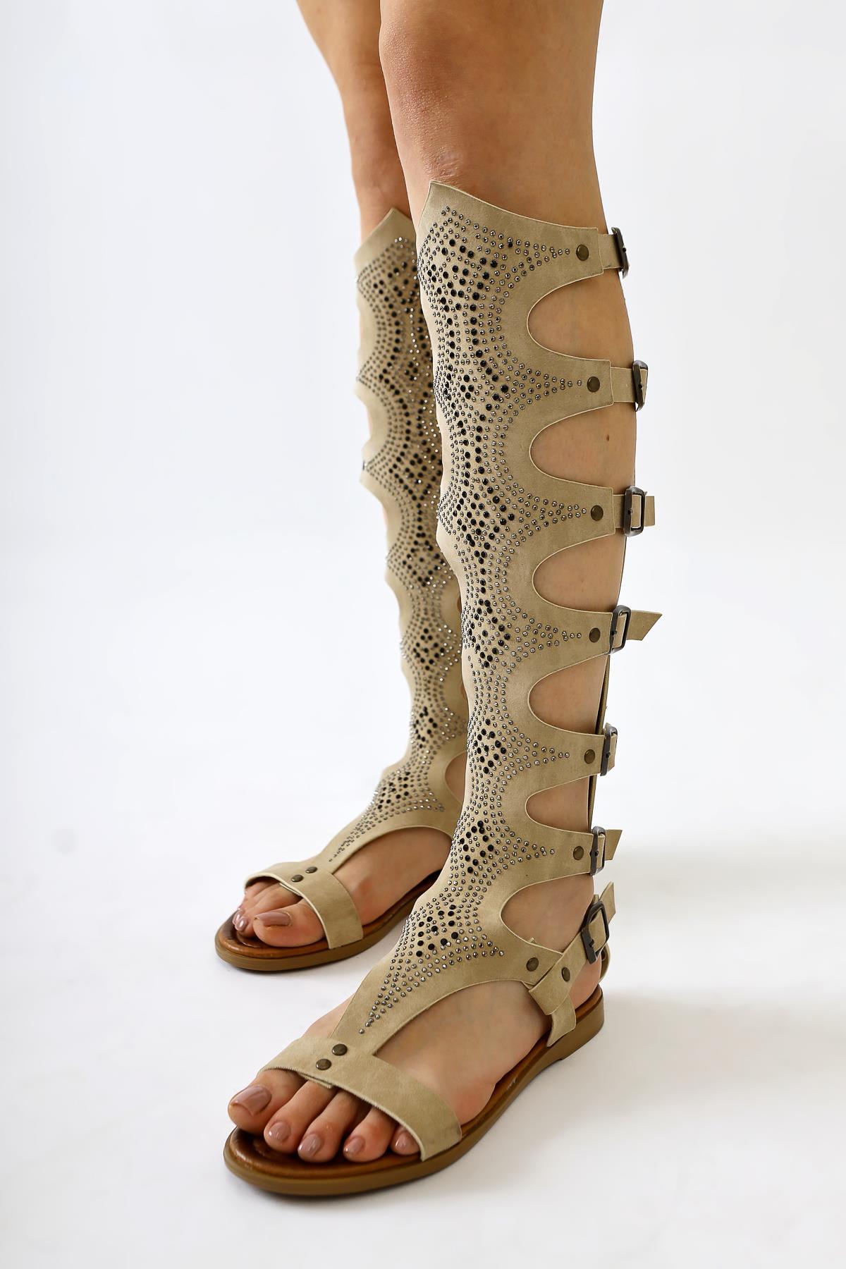 Medusa Genuine Leather Beige Stone-Embellished Knee-High Gladiator Sandals