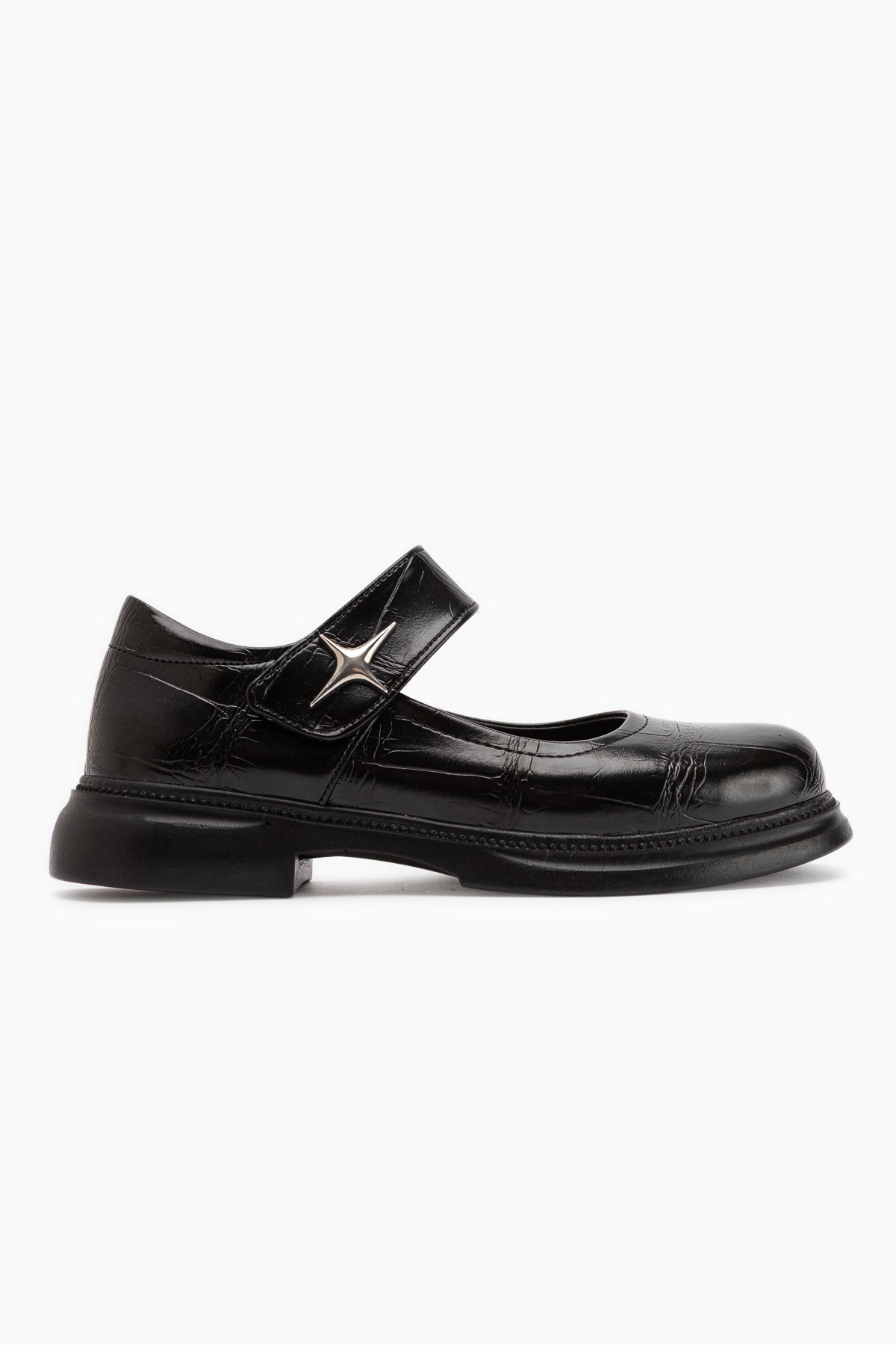 Rozalin Black Crocodile Strap Thick Sole Women’s Mary Jane Ballet Flats
