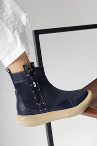 Maeda – Navy Neoprene Fabric Stud and Zipper-Detail Boot (Women)