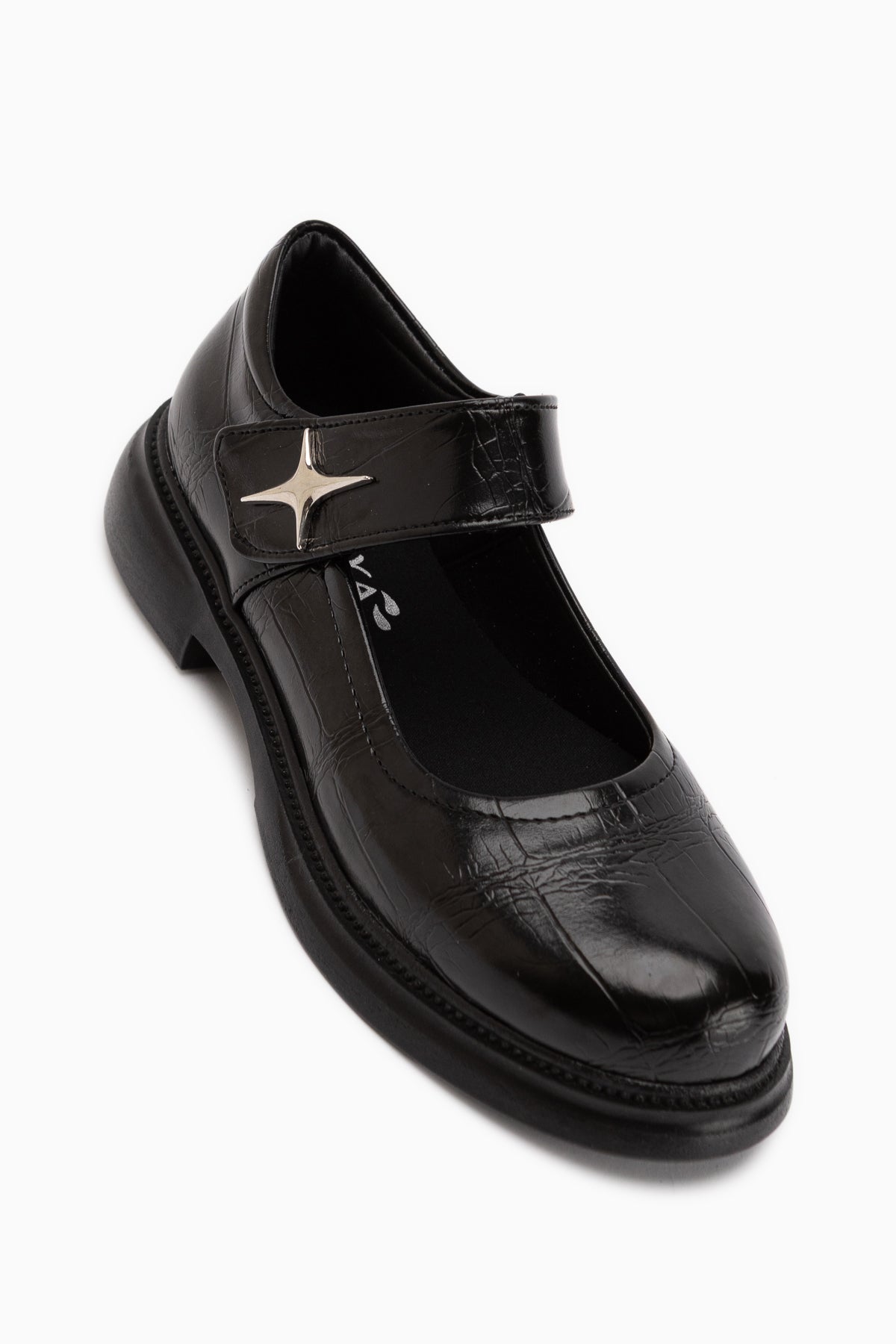 Rozalin Black Crocodile Strap Thick Sole Women’s Mary Jane Ballet Flats