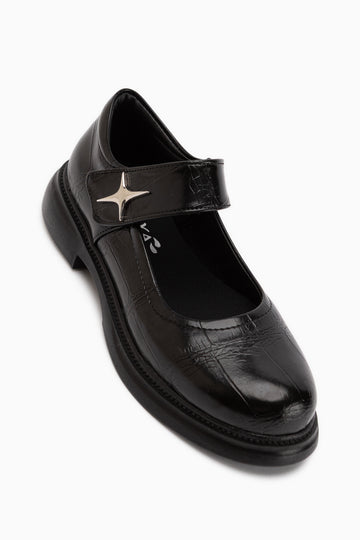 Rozalin Black Crocodile Strap Thick Sole Women’s Mary Jane Ballet Flats
