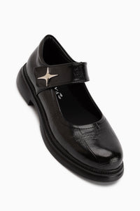 Rozalin Black Crocodile Strap Thick Sole Women’s Mary Jane Ballet Flats