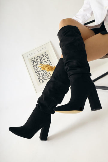 Loren Black Suede Pointed Toe High Heel Knee-High Boot
