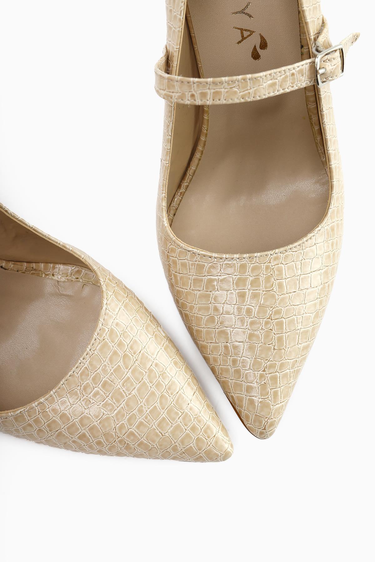 Beate Beige Crocodile Leather Print Pointed Toe Heeled Women’s Shoes