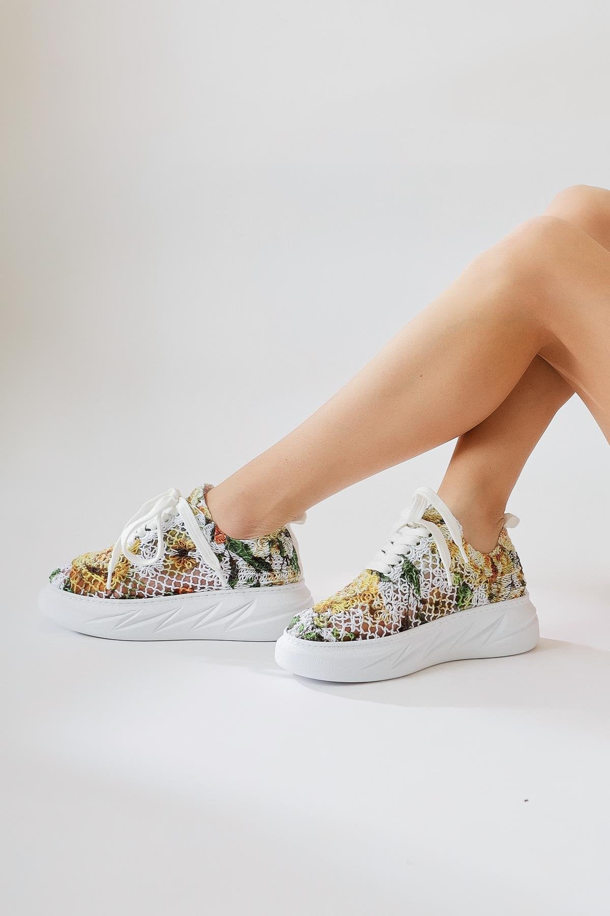 Biba Yellow Knit Pattern Printed Lace-Up Sneakers