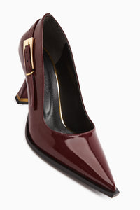 Mithra Burgundy Patent Pointed Toe Buckle Detailed Women’s Heeled Shoes