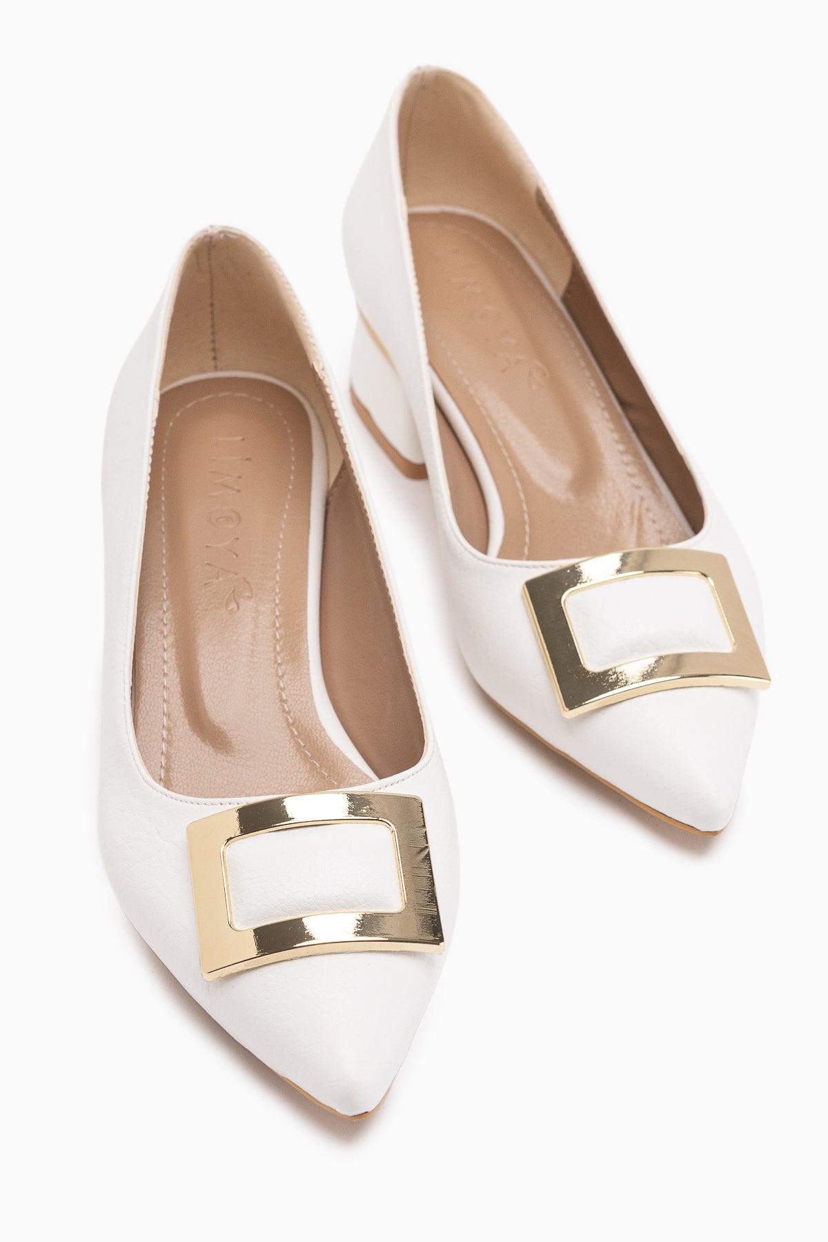 Charoline White Buckled Short Heeled Pointed Shoes