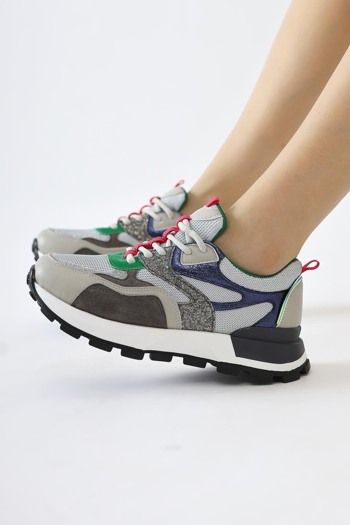 Netta Grey Lace-up Sneakers with Mesh Detail